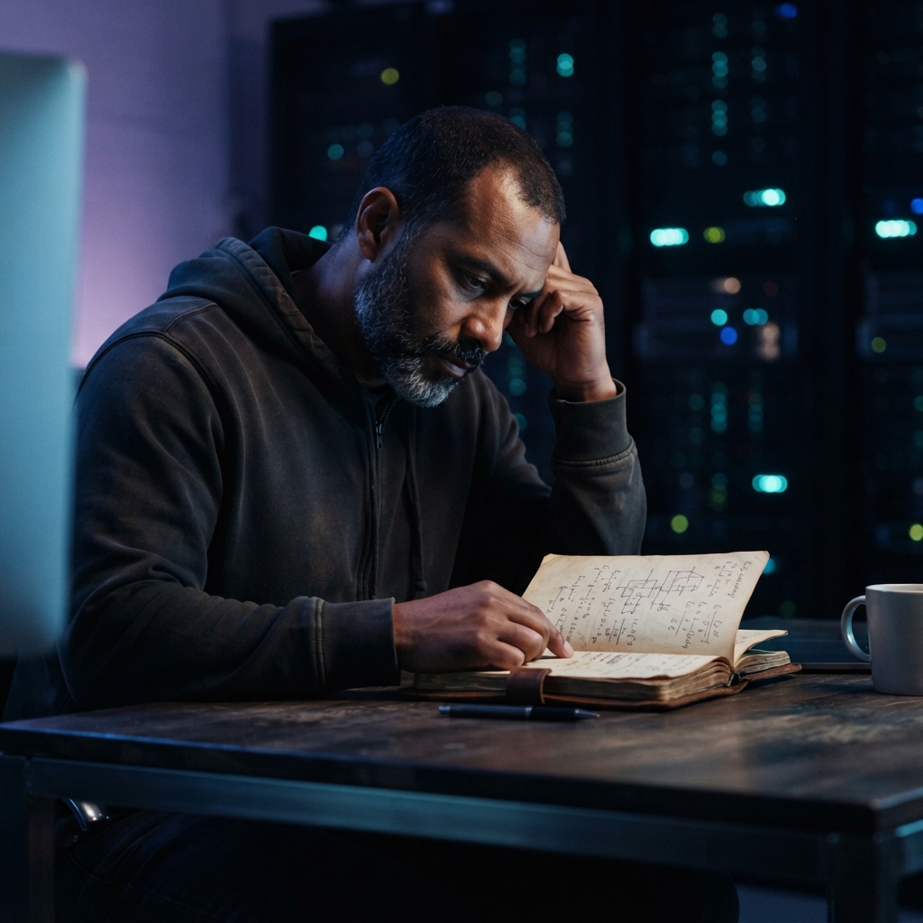 Developer reflecting on code in a dimly lit office
