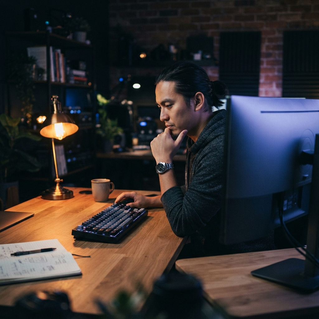 Developer contemplating code in a moody office
