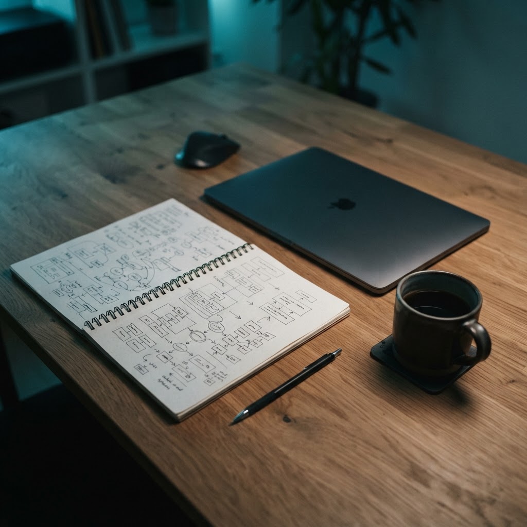 Notebook and closed laptop on a dark desk