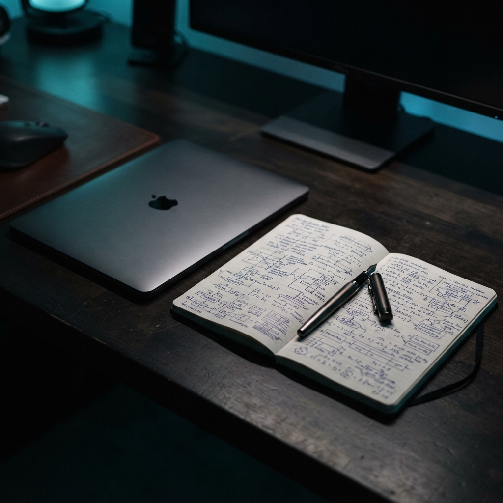 Handwritten notes and a closed laptop on a desk