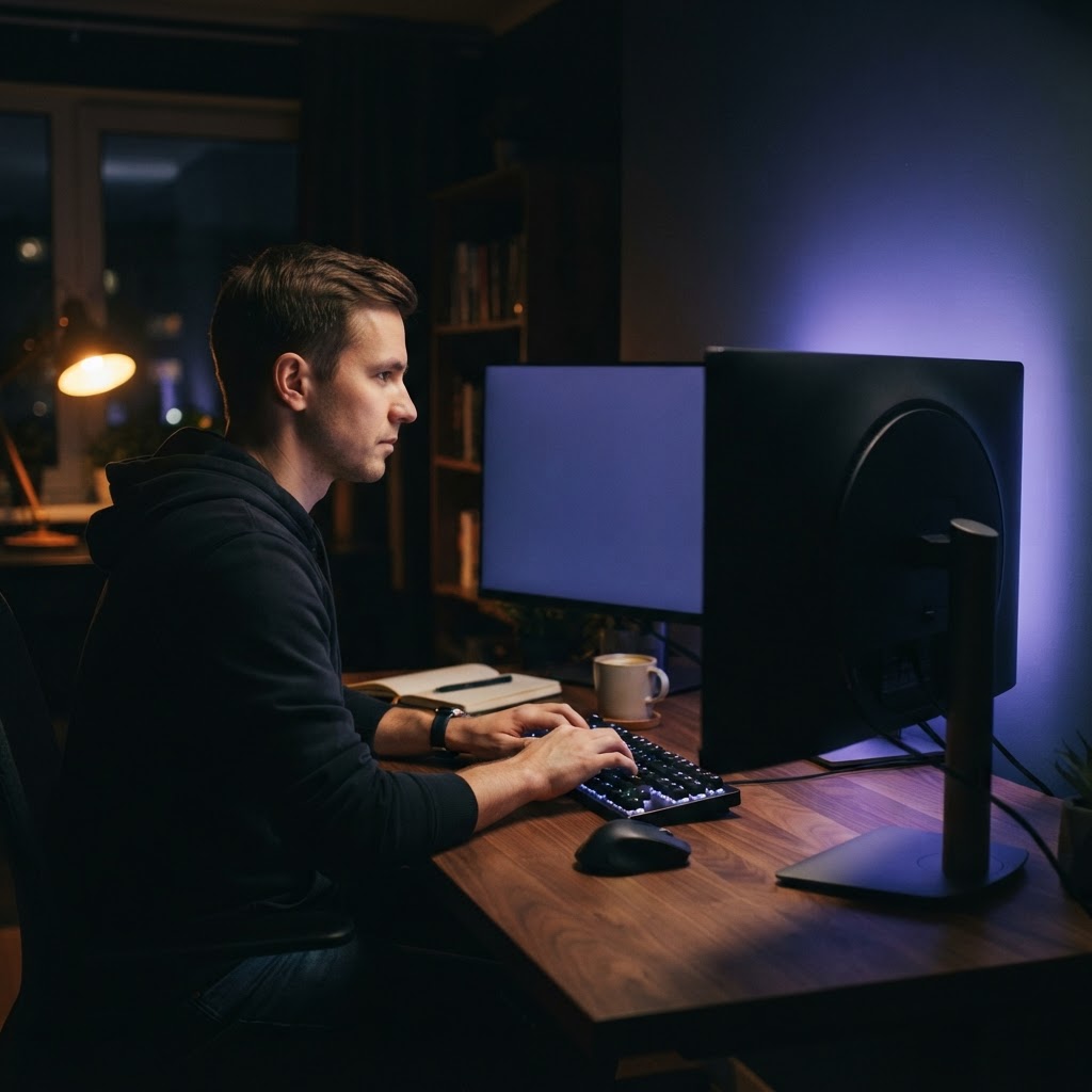 Software developer working in a focused nighttime workspace