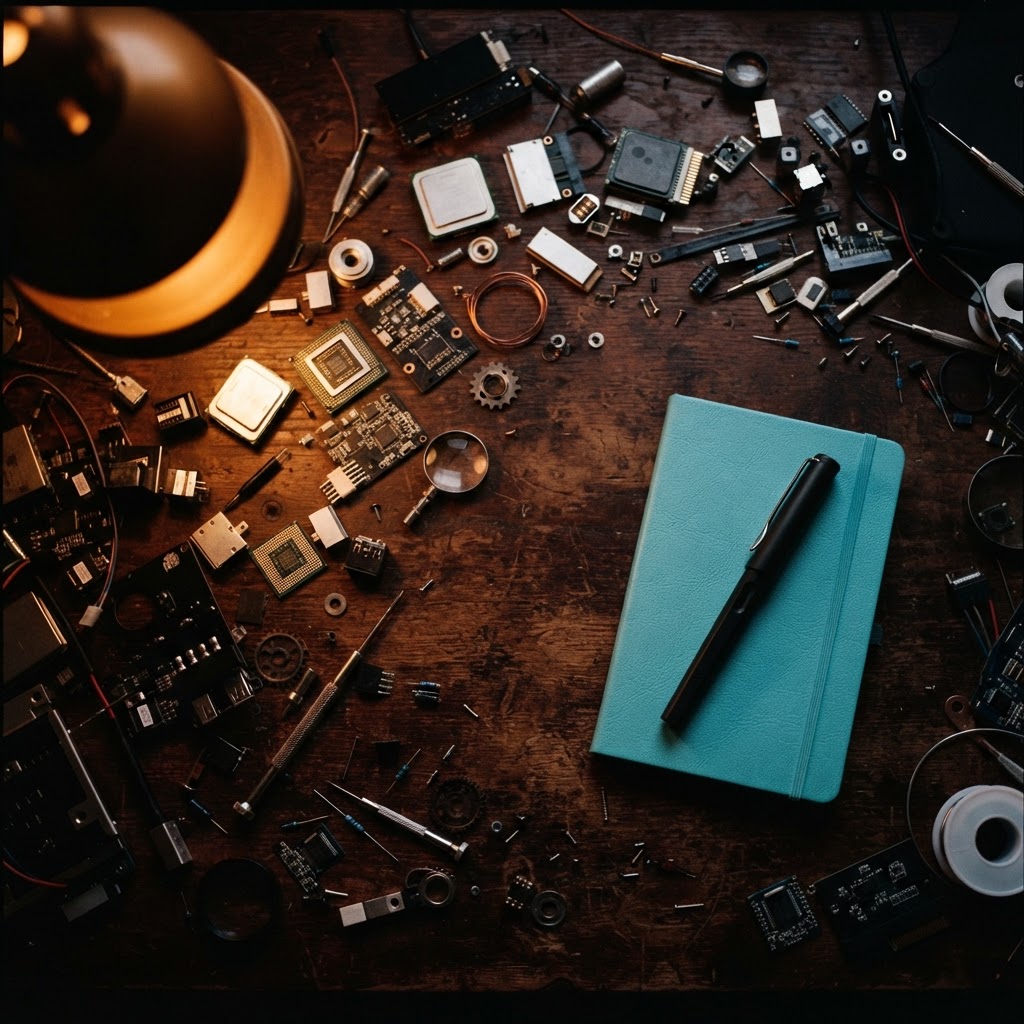 A disorganized collection of technical components on a desk