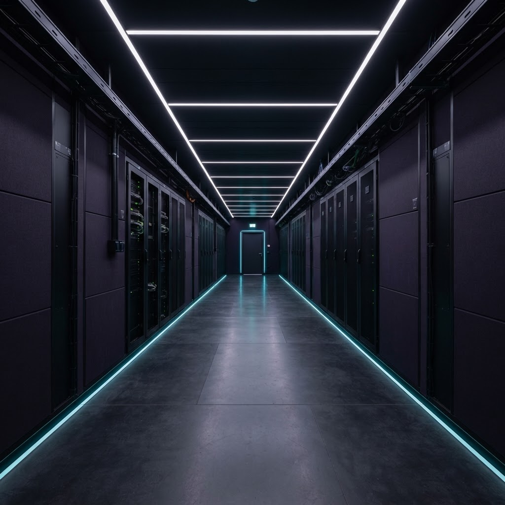 A long dark server corridor with linear cyan lighting