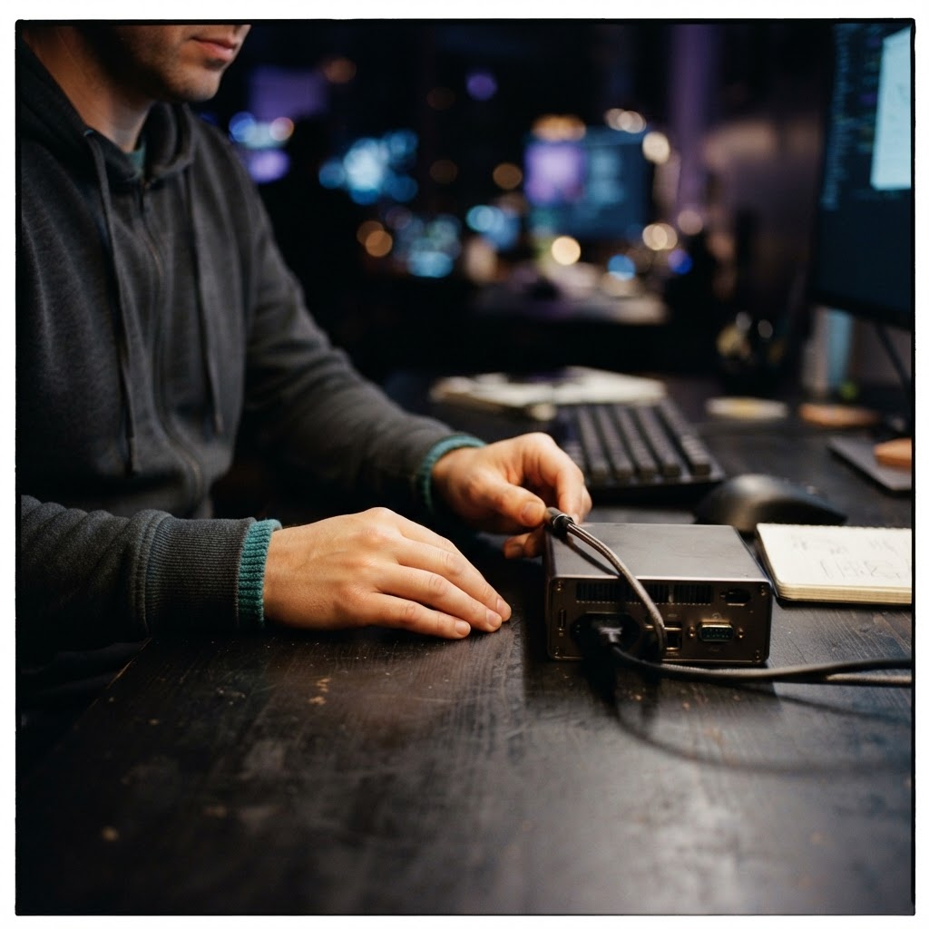 Developer hands adjusting a cable in a dark workspace