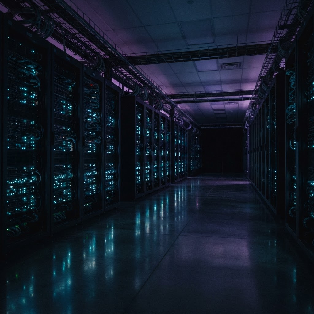 Rows of glowing server racks in a dark data center
