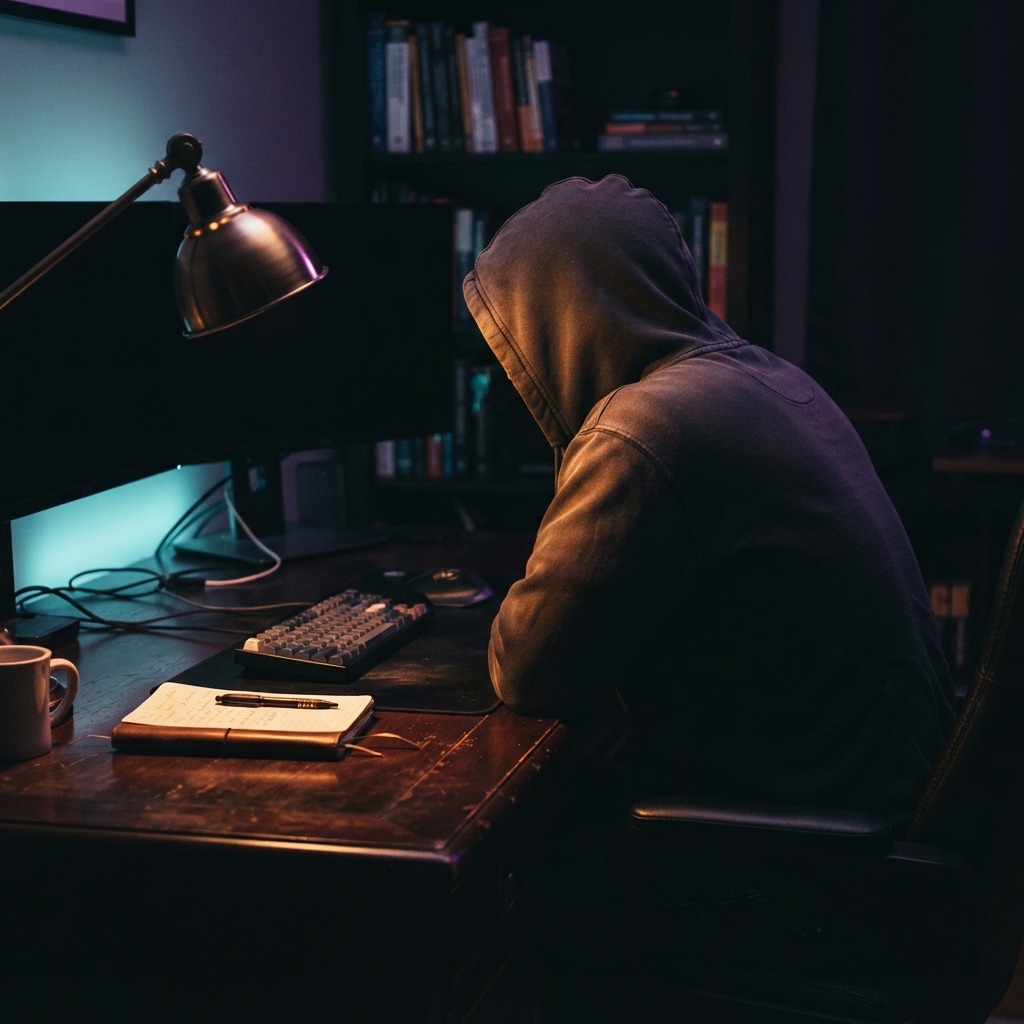 Developer working at a desk in a moody dark room