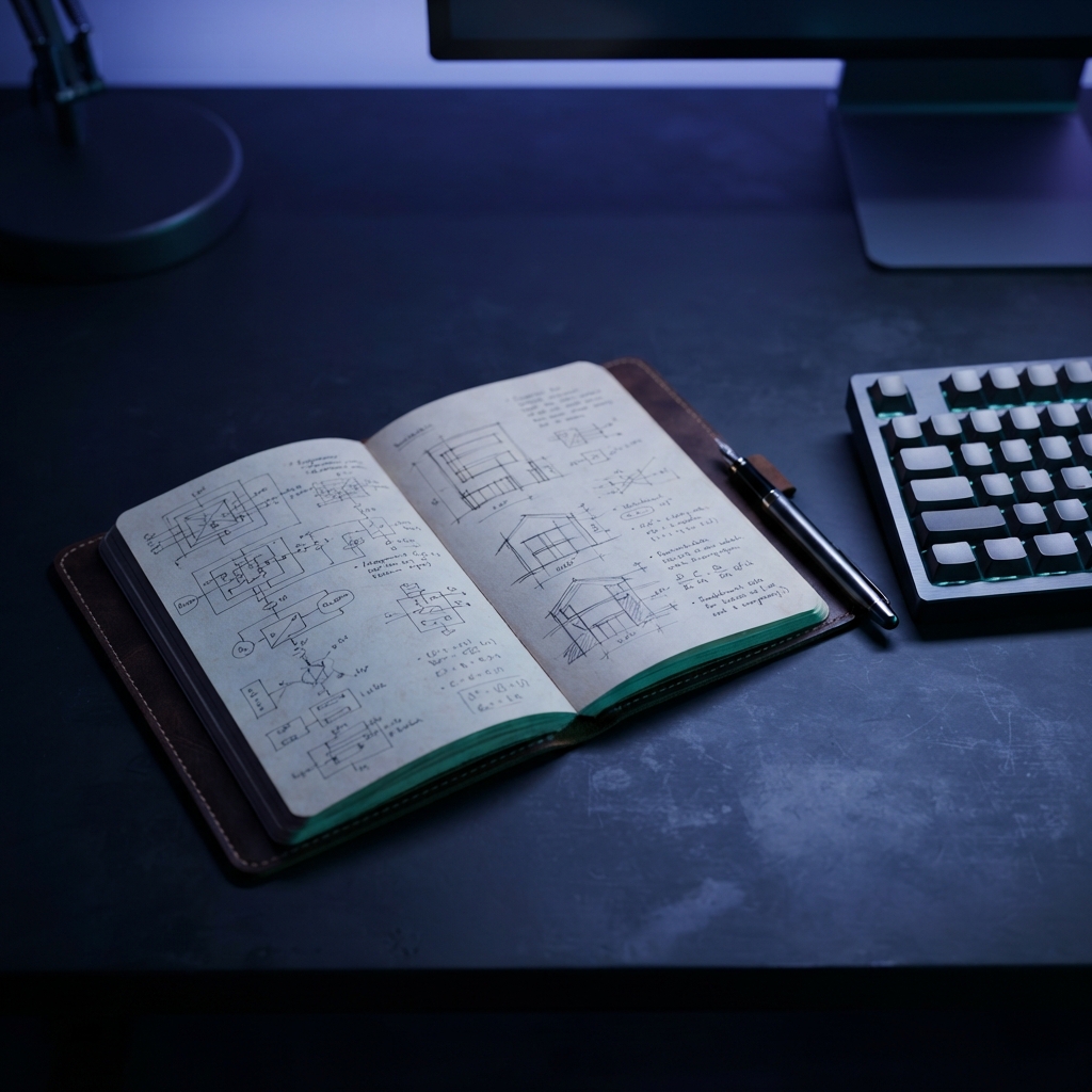 Open notebook on a desk in a dark room