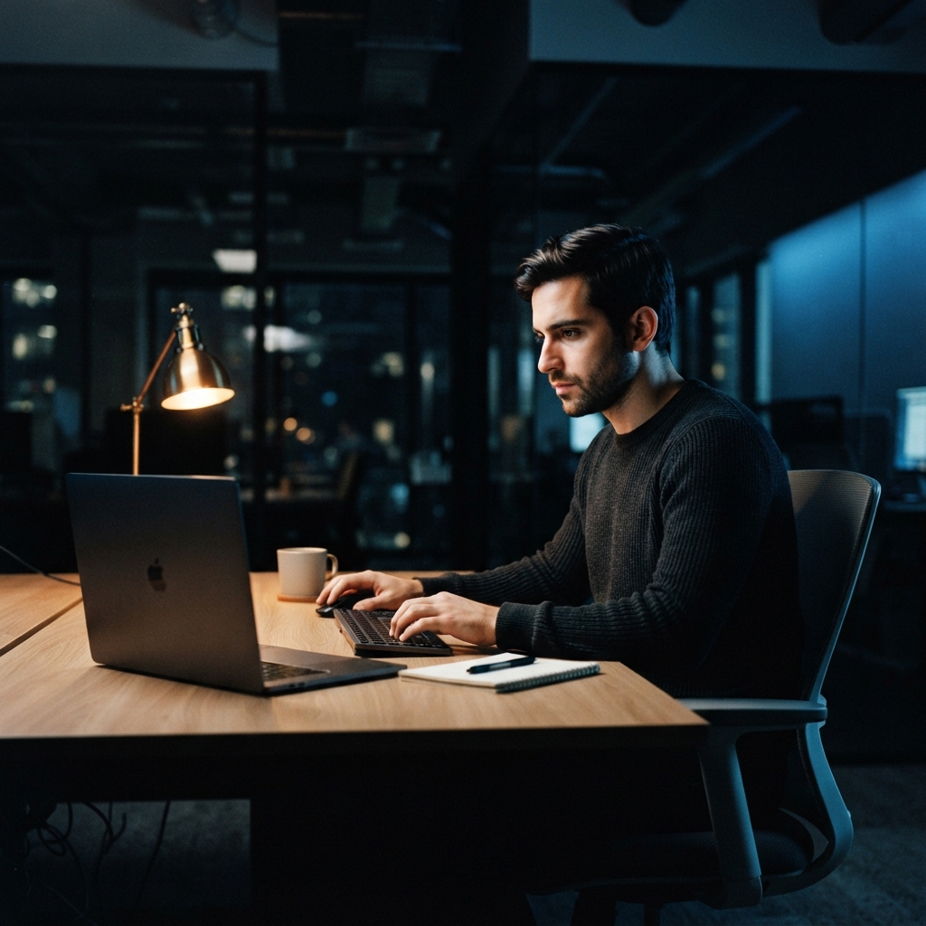 Developer working at a desk in a moody office