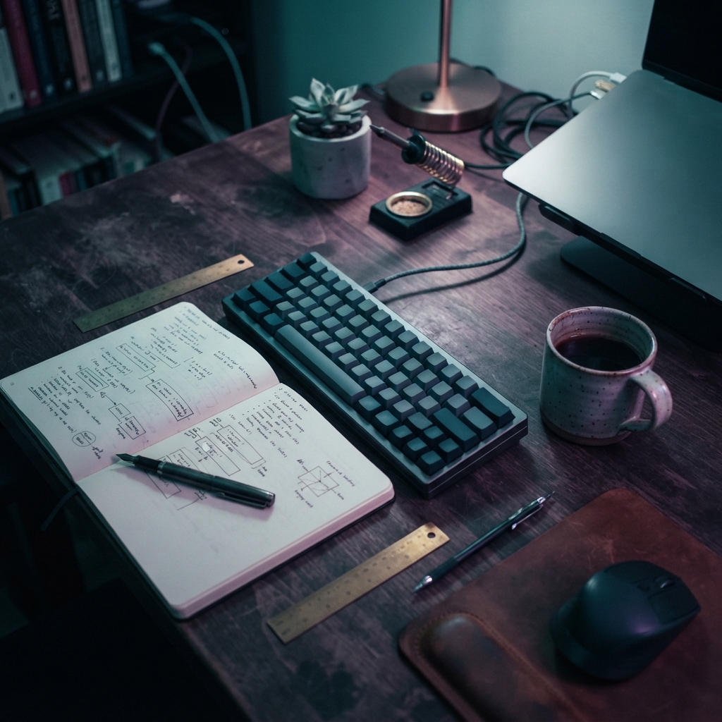 Professional developer desk setup with notebook and keyboard