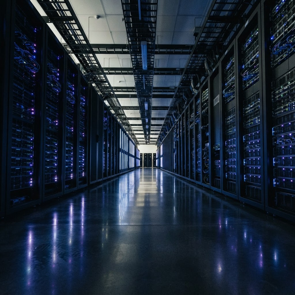 Server room interior with glowing blue and purple lights