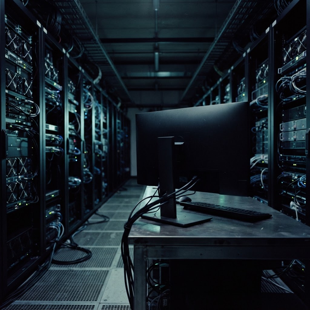 Back view of a workstation terminal in a dimly lit server room