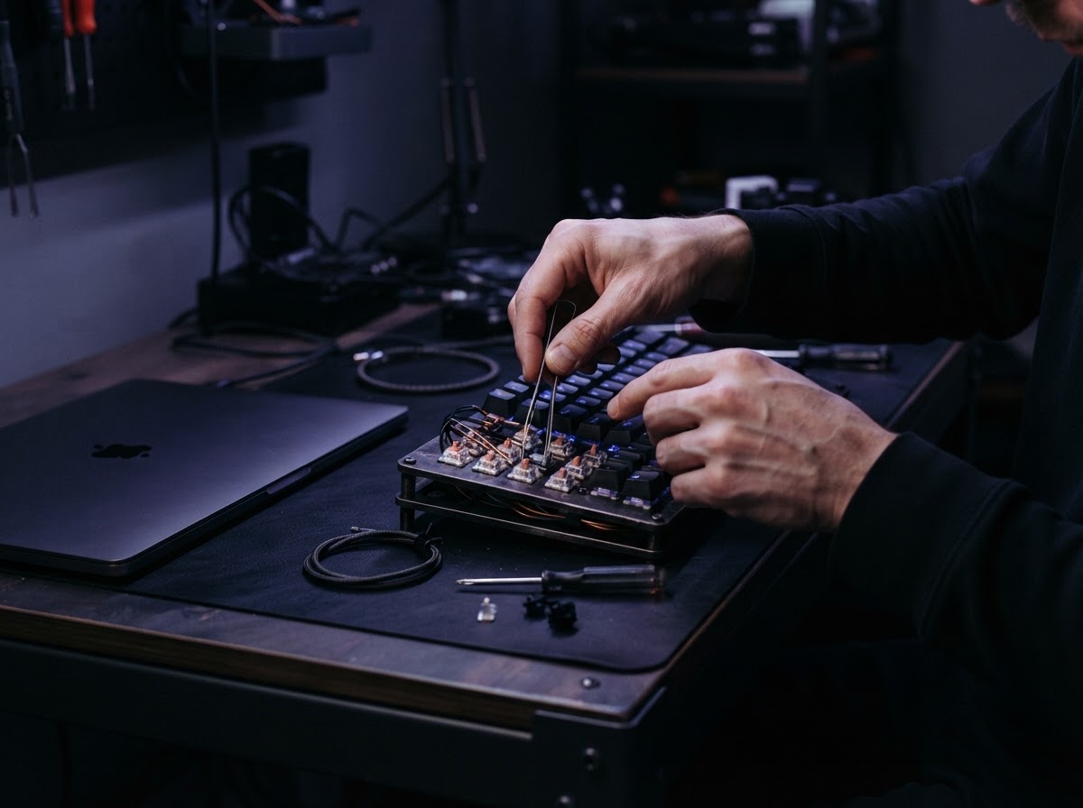 Developer hands adjusting mechanical macro switches on a dark desk