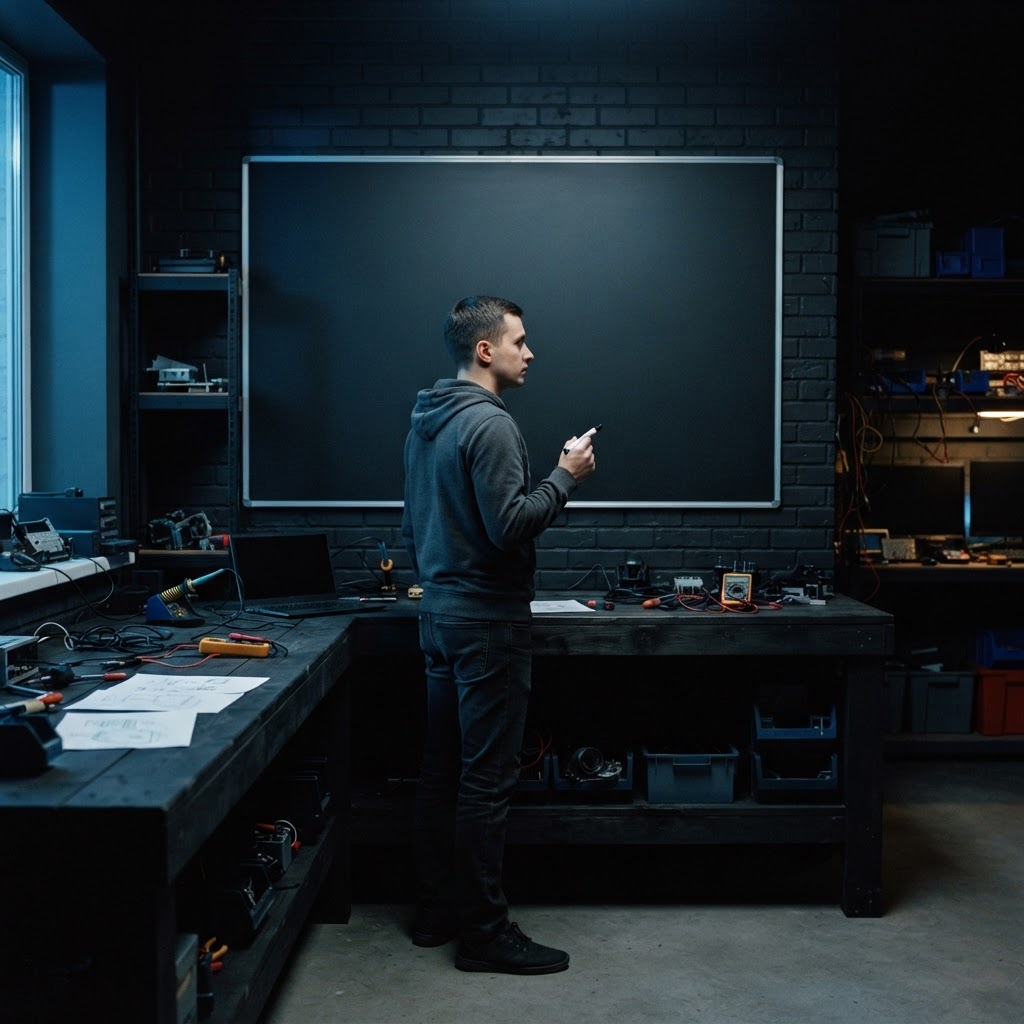 Developer standing at a large dark whiteboard in a moody studio