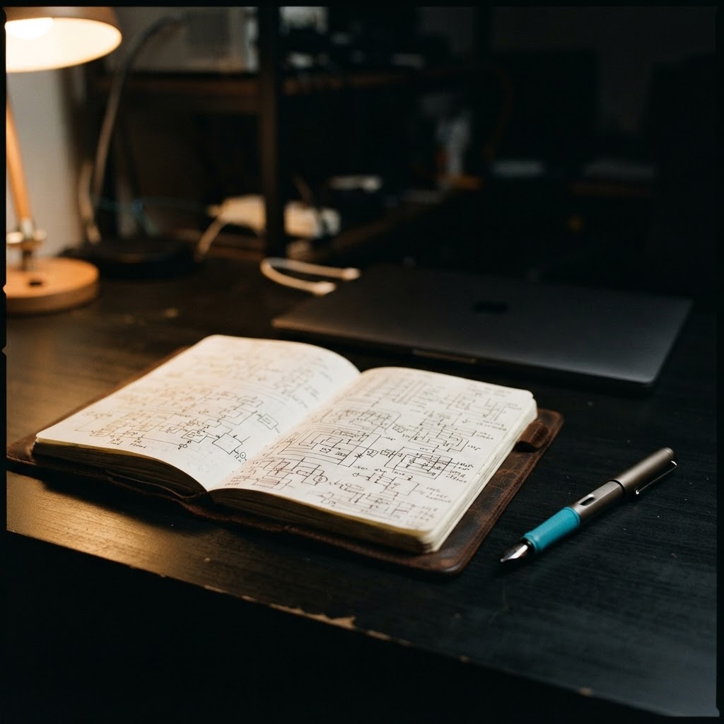 Engineering journal with technical sketches on a dark desk