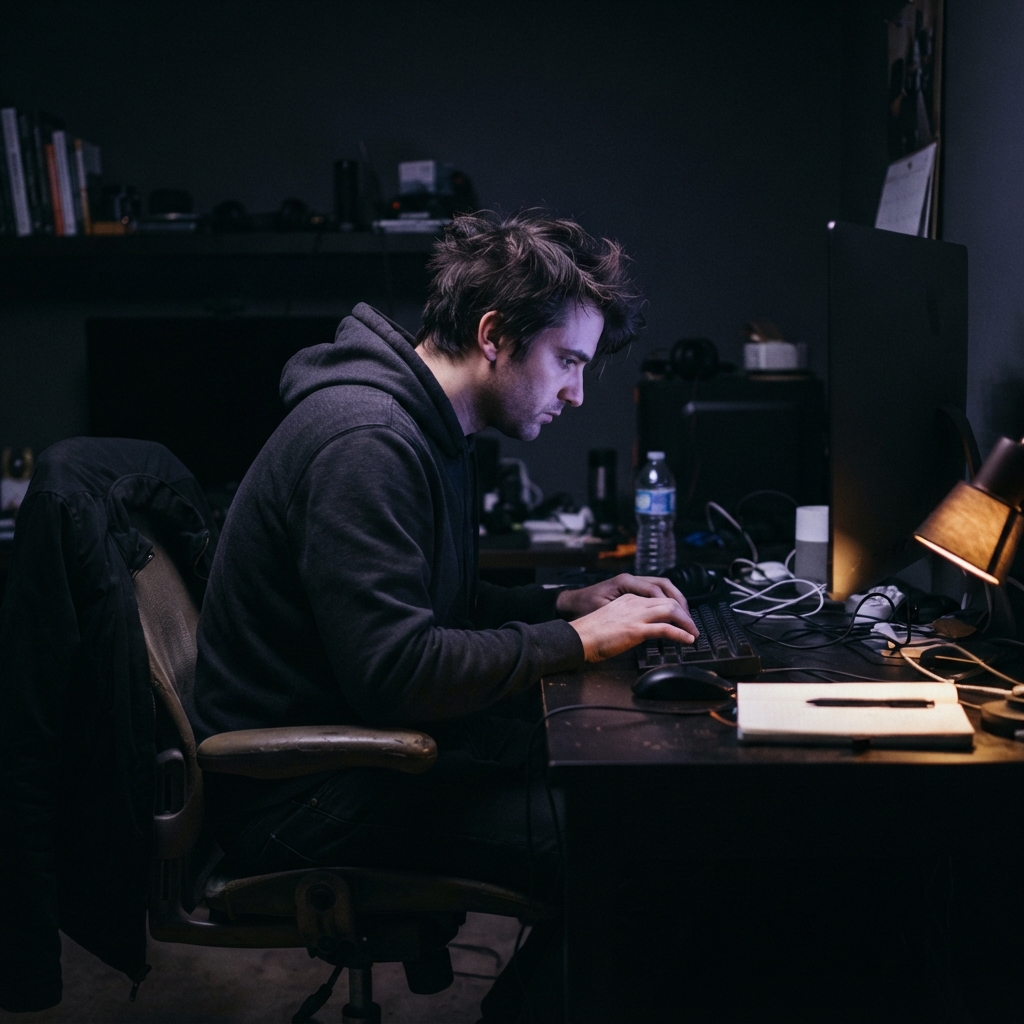 Developer working focused in a dark moody office