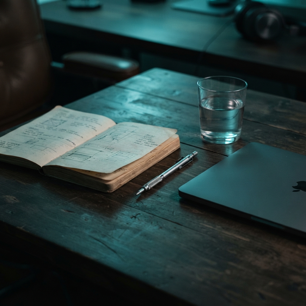 Minimalist desk workspace with notebook and laptop