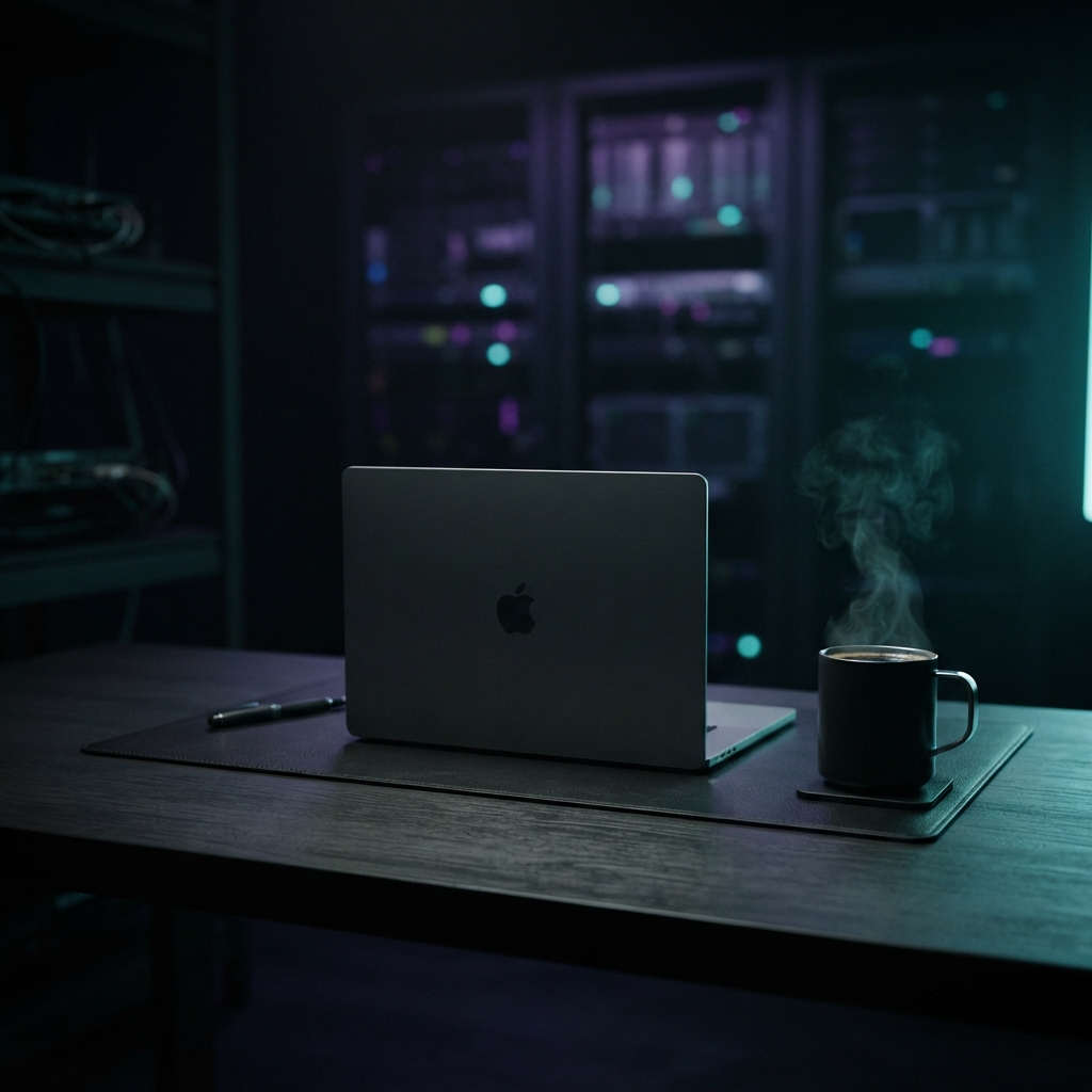 Clean minimalist workspace with a laptop and coffee