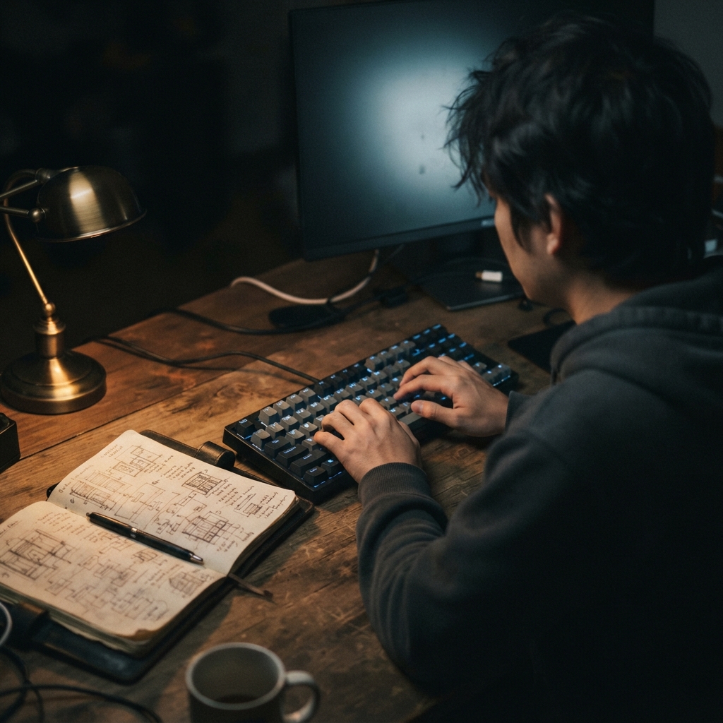 Developer working at a desk with notebook and keyboard