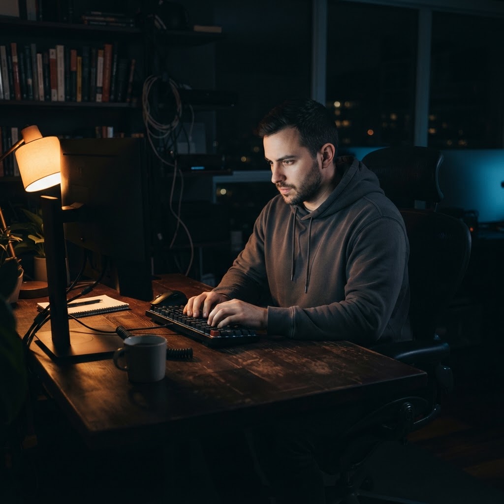 Focused developer working late at a desk