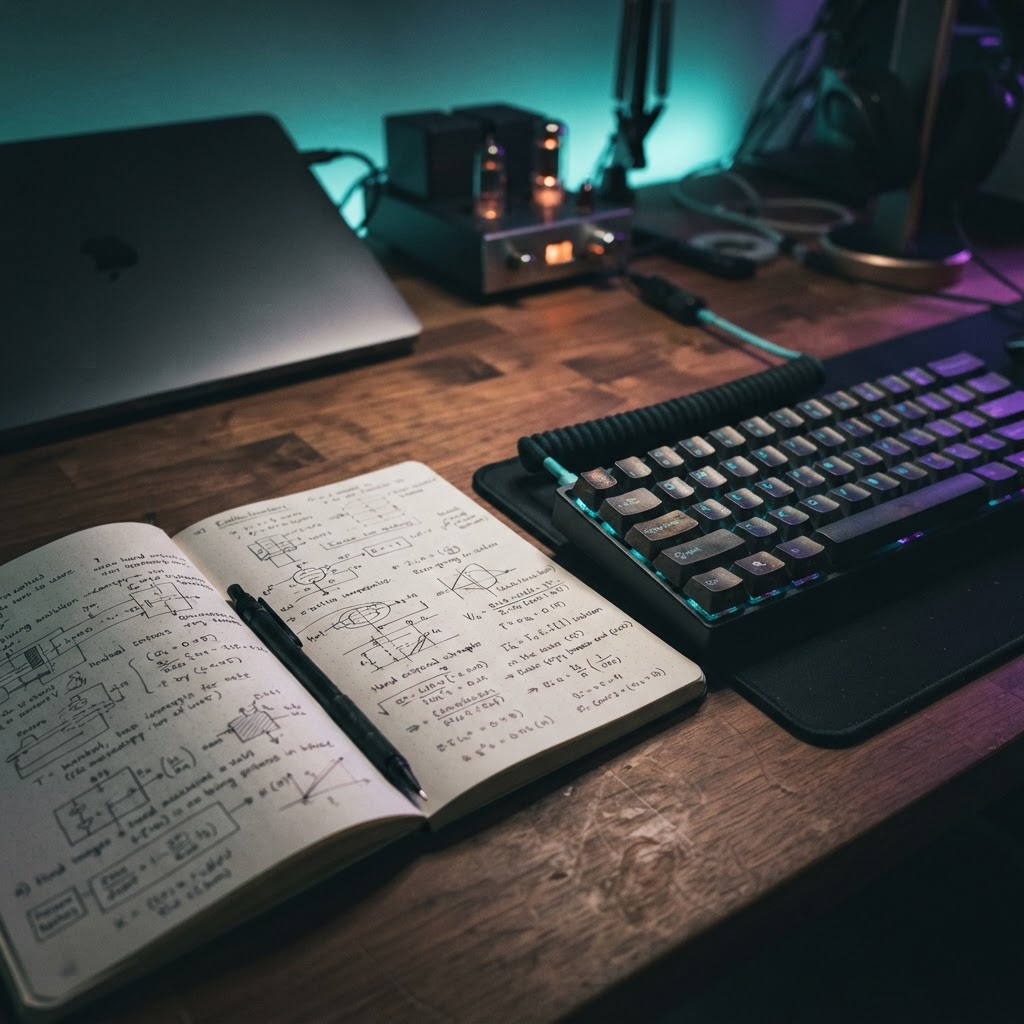 Notebook and mechanical keyboard on a desk