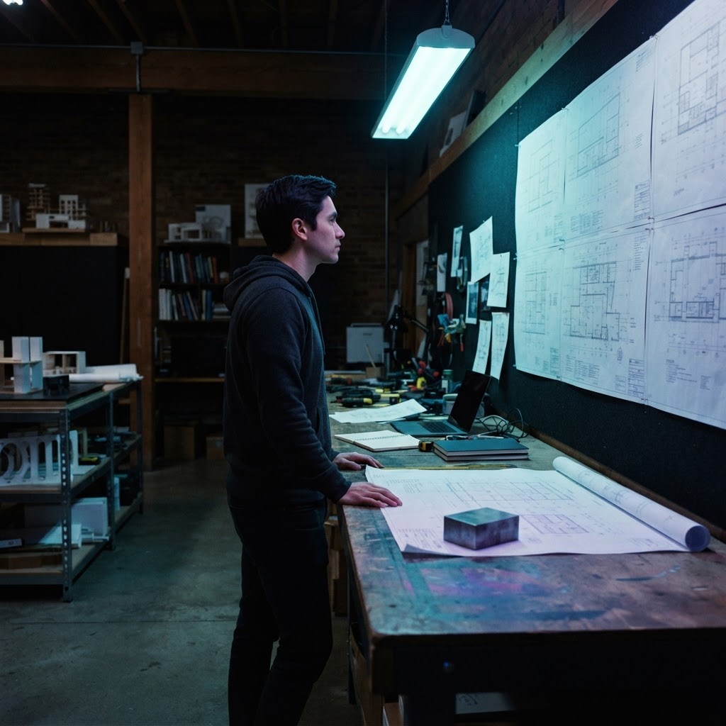 A developer standing in a dimly lit studio observing technical blueprints