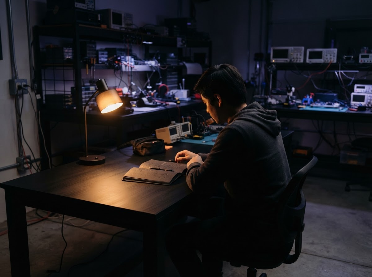 A developer working alone in a dimly lit studio at night