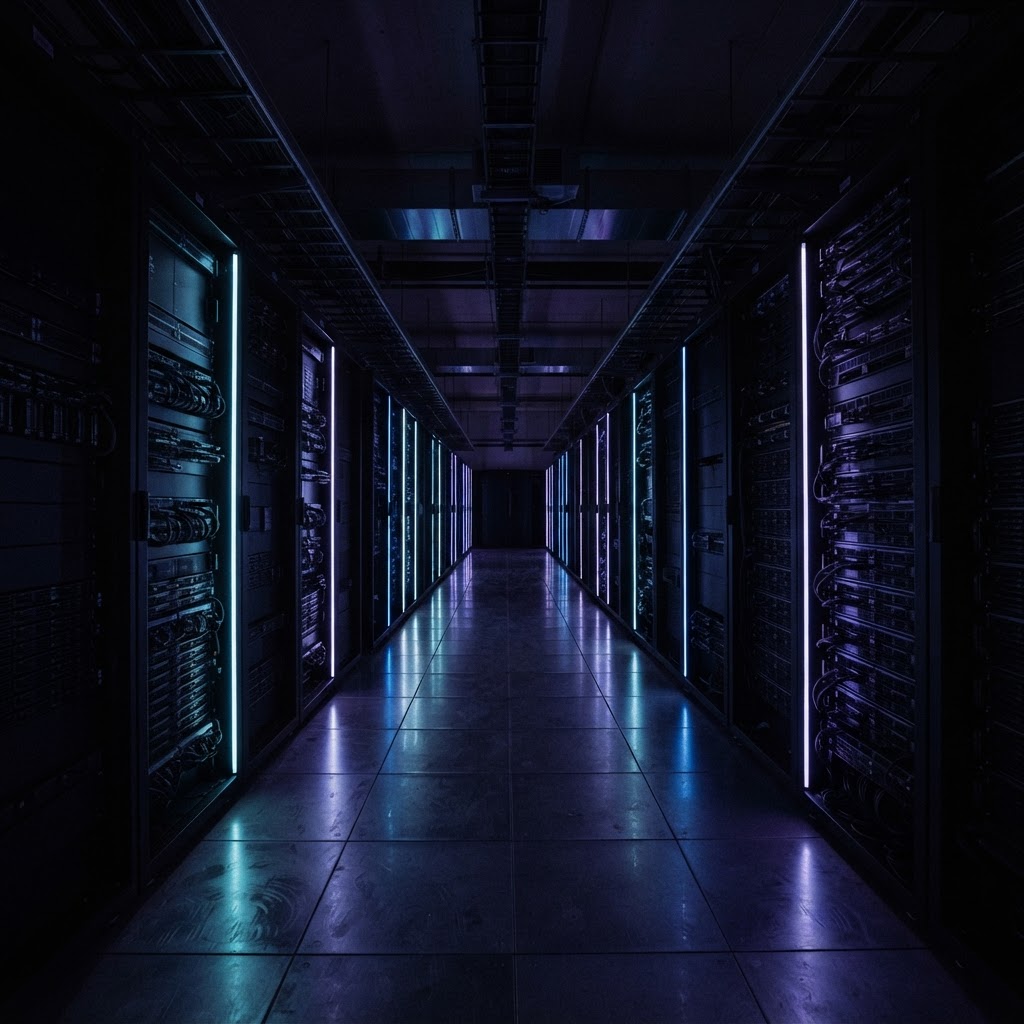 A dimly lit server room with glowing cyan and blue-purple accent lights