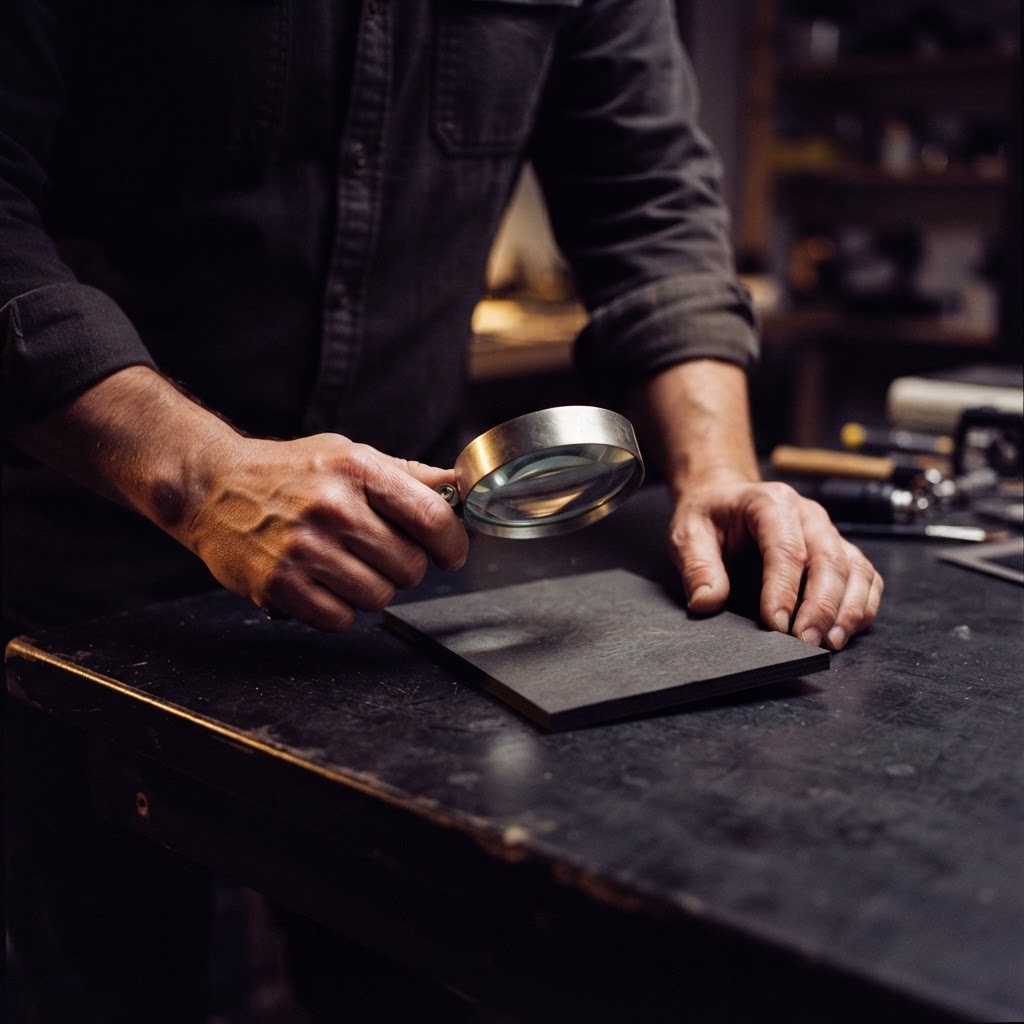 Hands inspecting a document with a magnifying glass on a dark desk