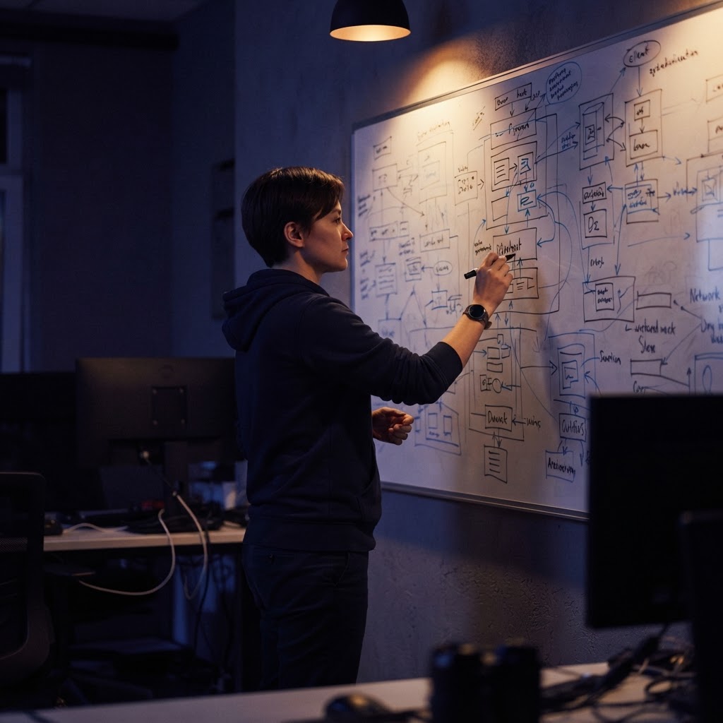 Developer studying a large architectural sketch on a wall