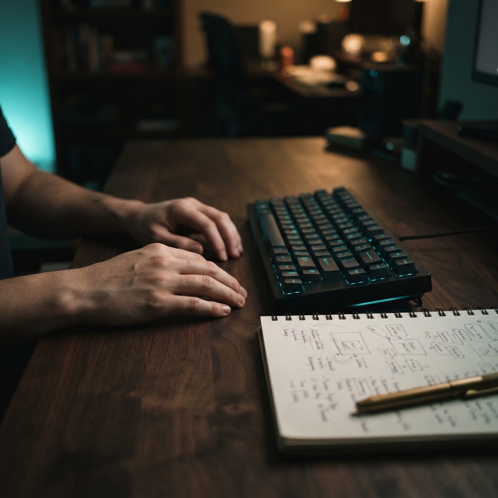 Developer workstation with notebook and keyboard