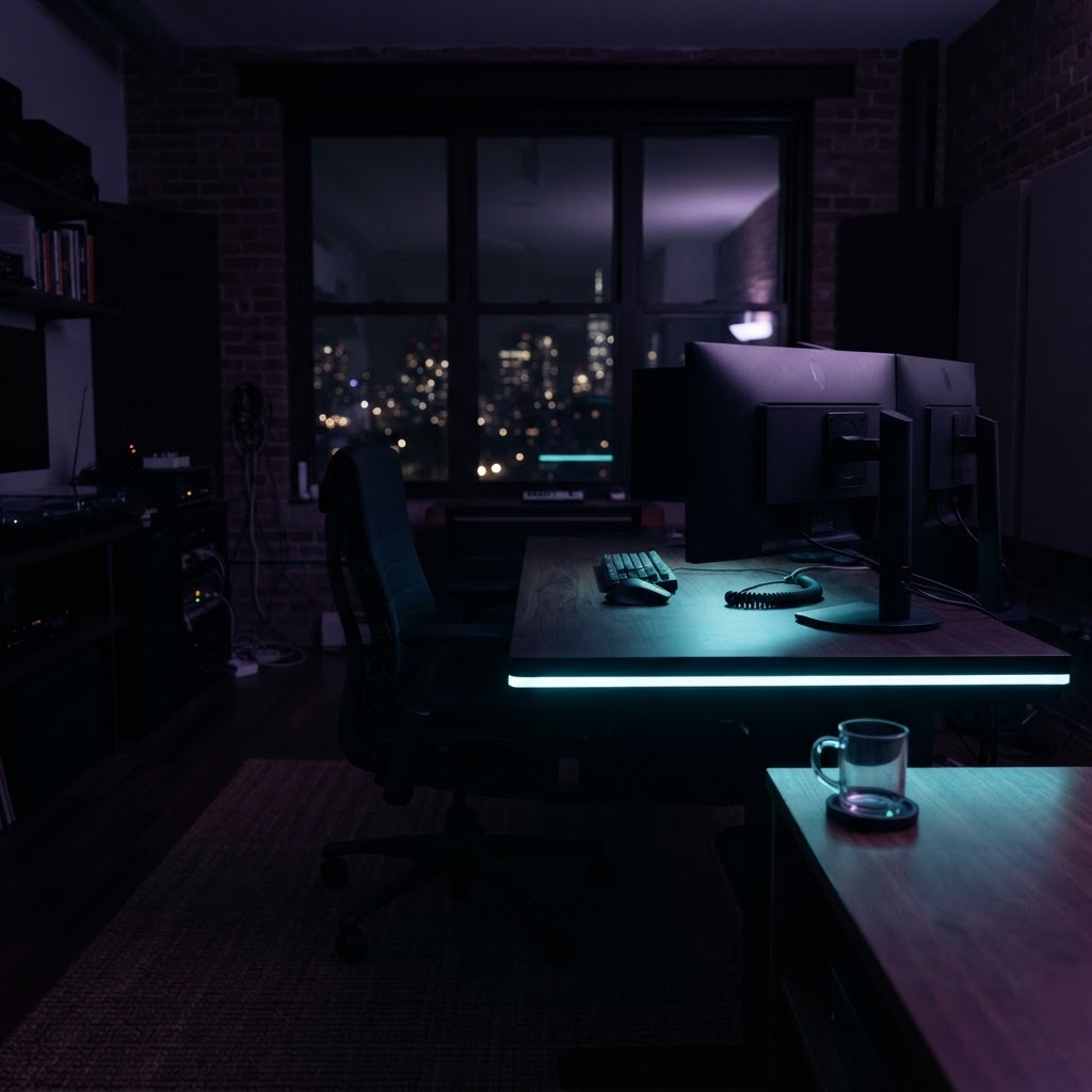 Moody studio workspace with accent lighting