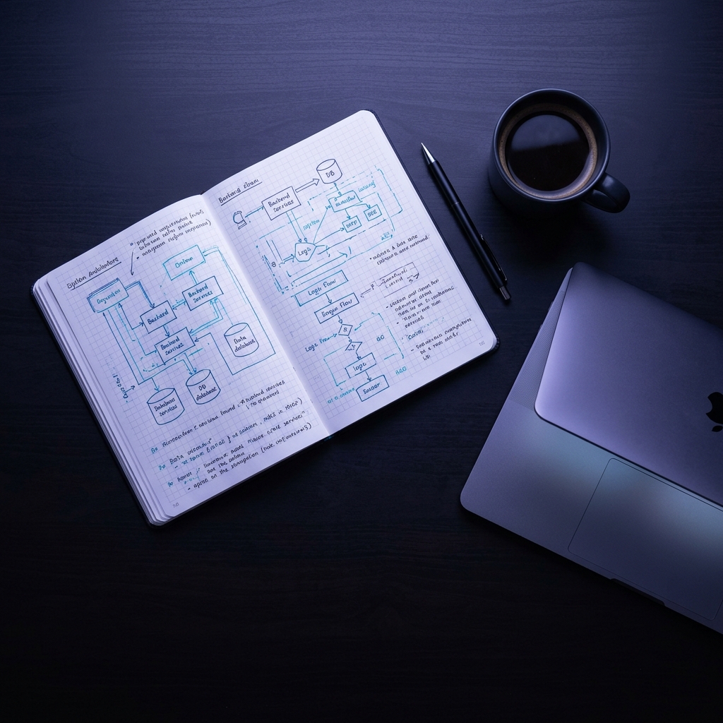 Engineering notebook sketches alongside dark IDE laptop