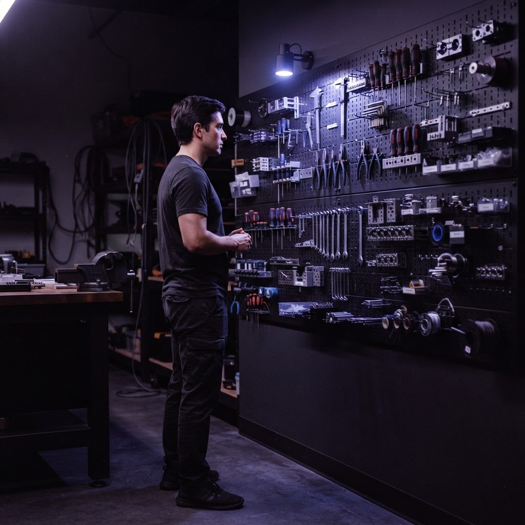 A developer in a dark studio looking at an organized tool board