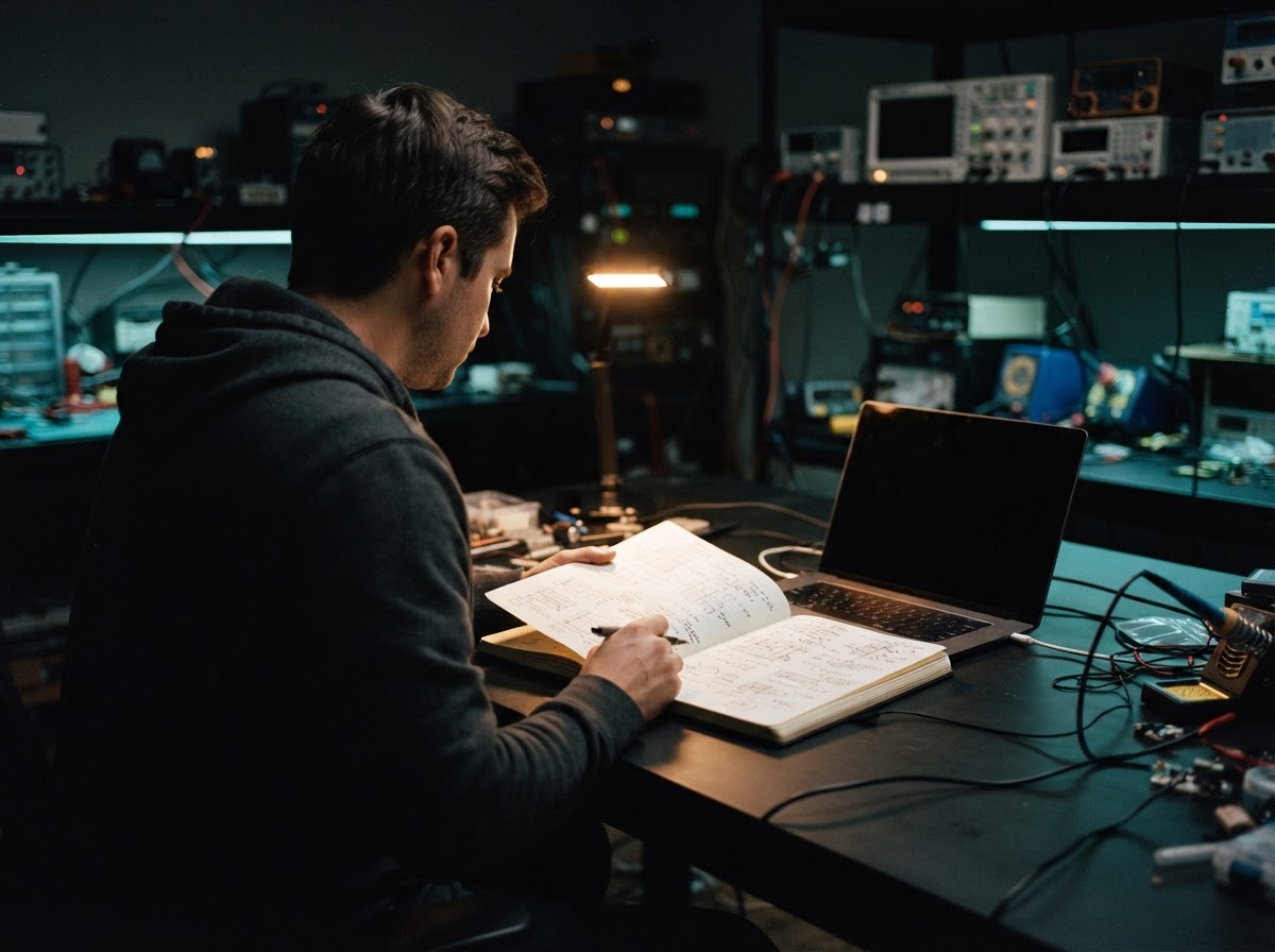 A developer working late at a desk with a journal