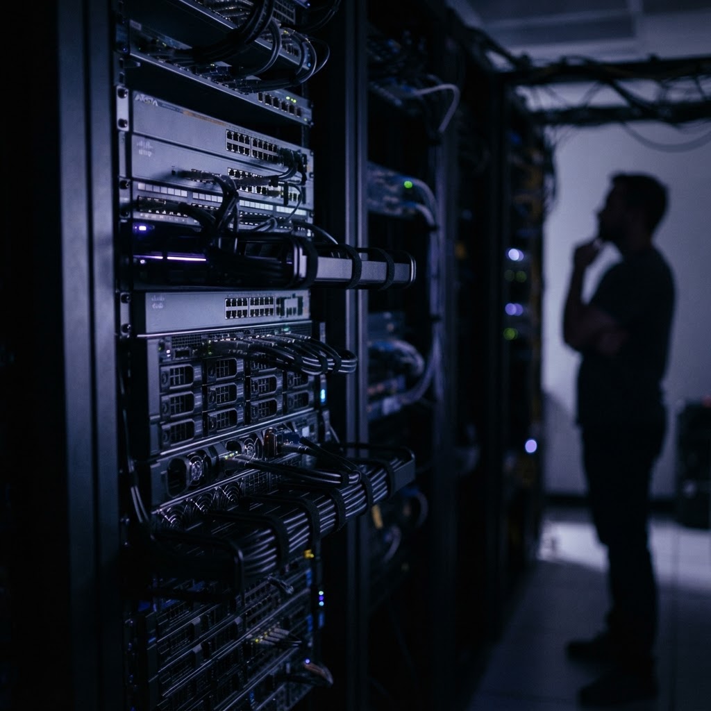 A view inside a high-tech dark-toned server rack