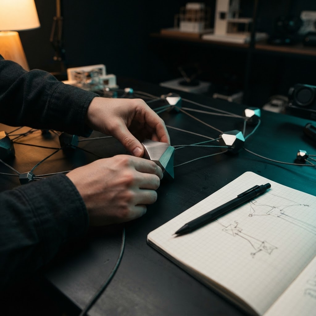 Hands working with a physical system model and notebook