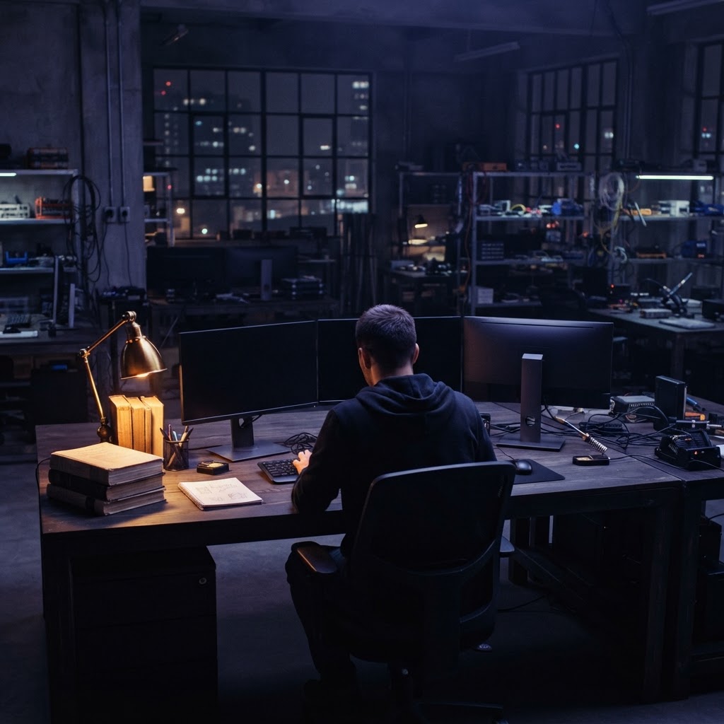 A developer working at a desk with powered-off monitors