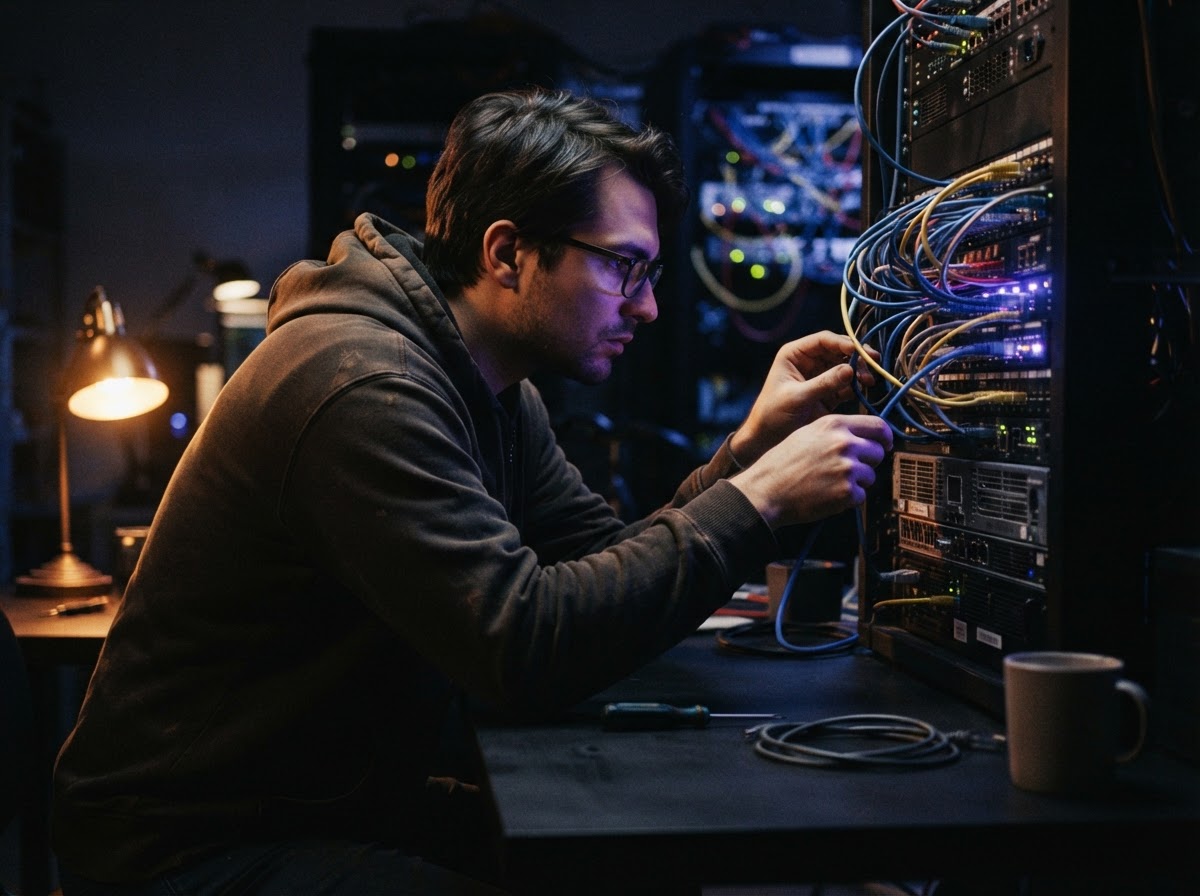 Developer adjusting server cables in a dimly lit studio