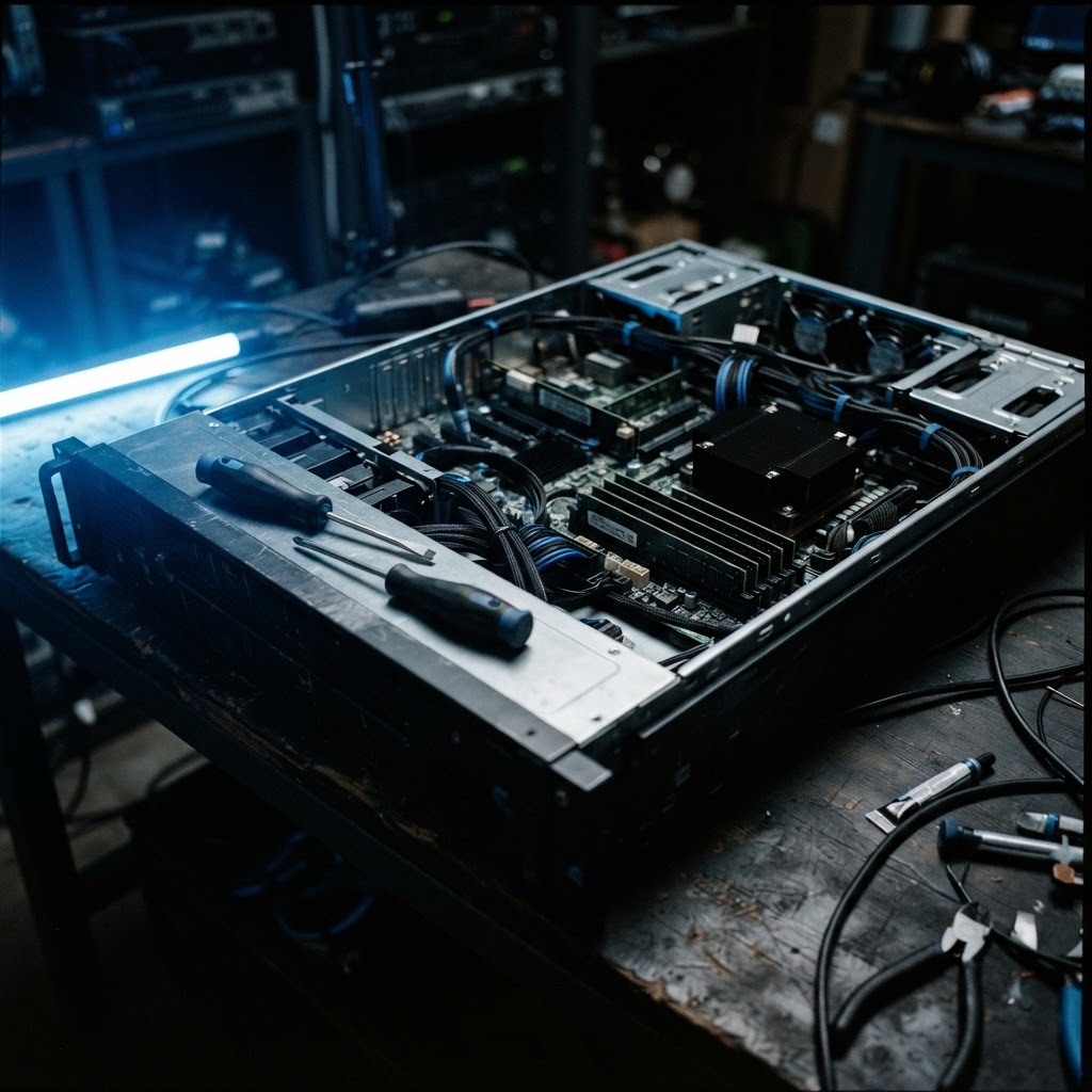 Open server hardware on an industrial workbench