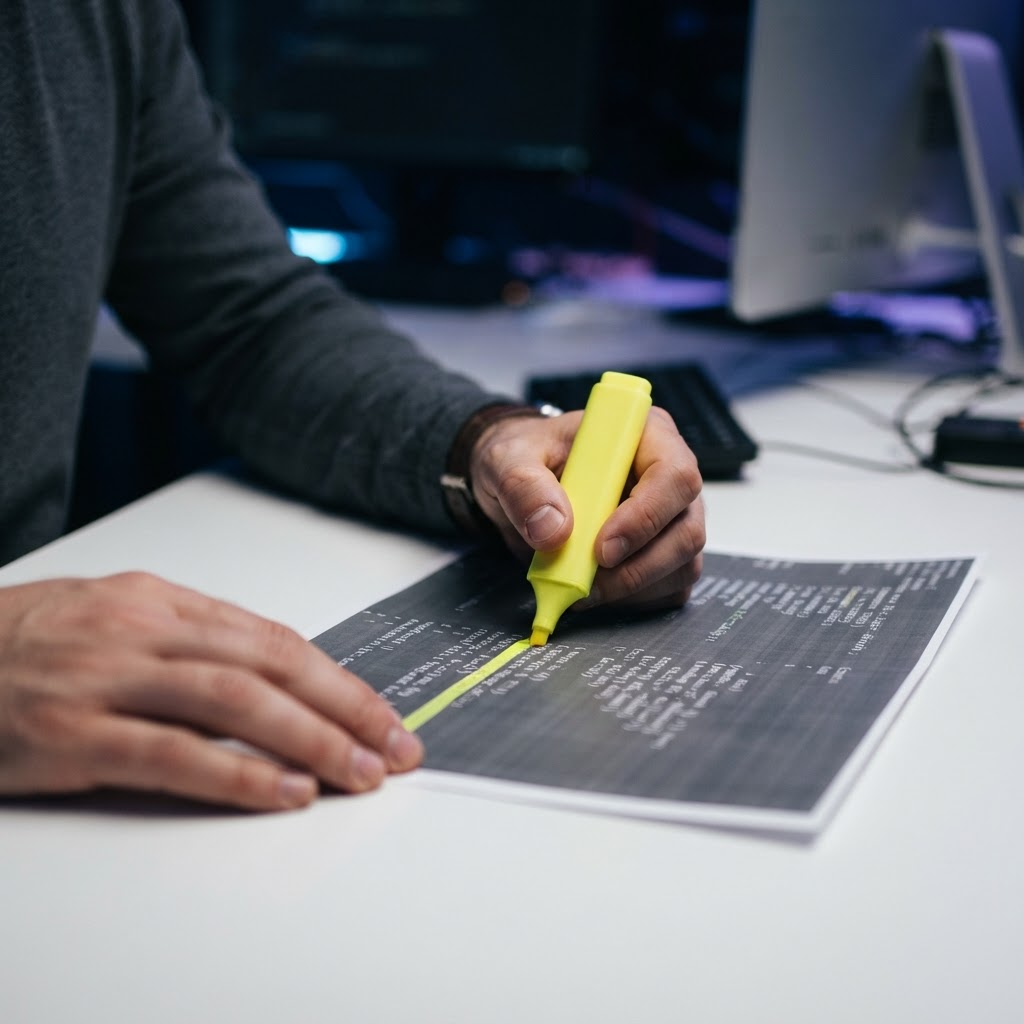 Developer manually reviewing and marking code printouts