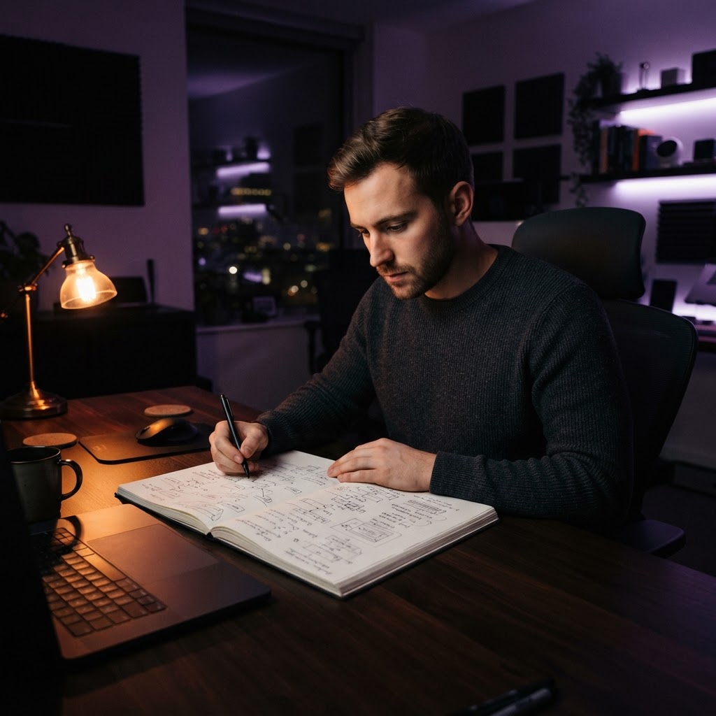 Developer reviewing handwritten architectural notes at a desk