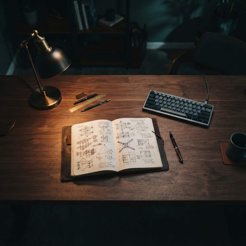 Open engineering journal on a desk with drafting tools