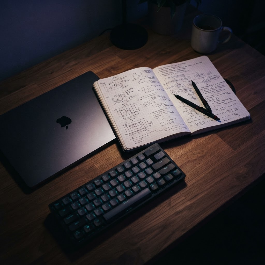 Physical notebook and closed laptop on a dark desk