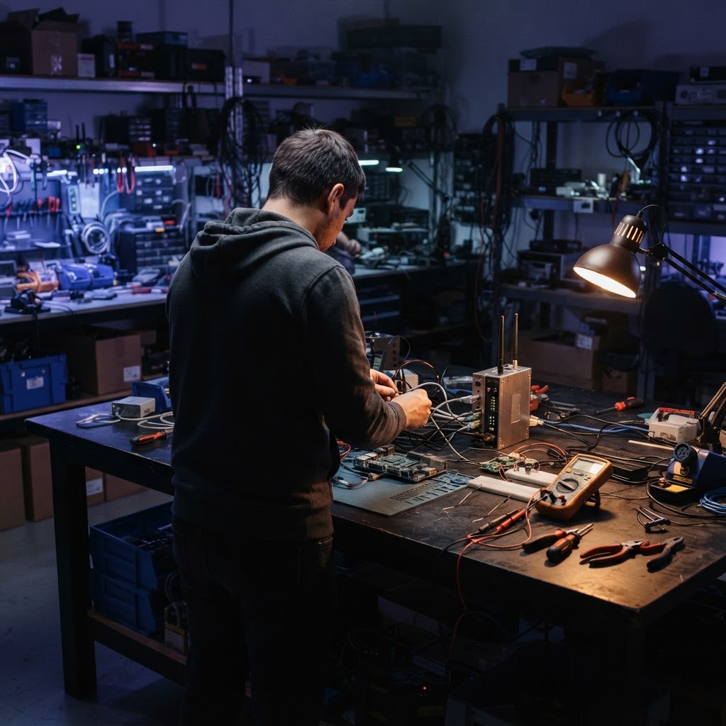 Developer inspecting physical hardware components on a workbench