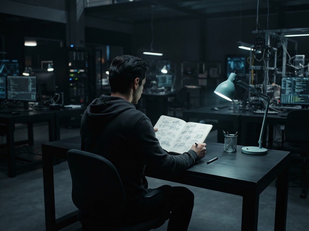 Developer planning infrastructure audit in a dark studio