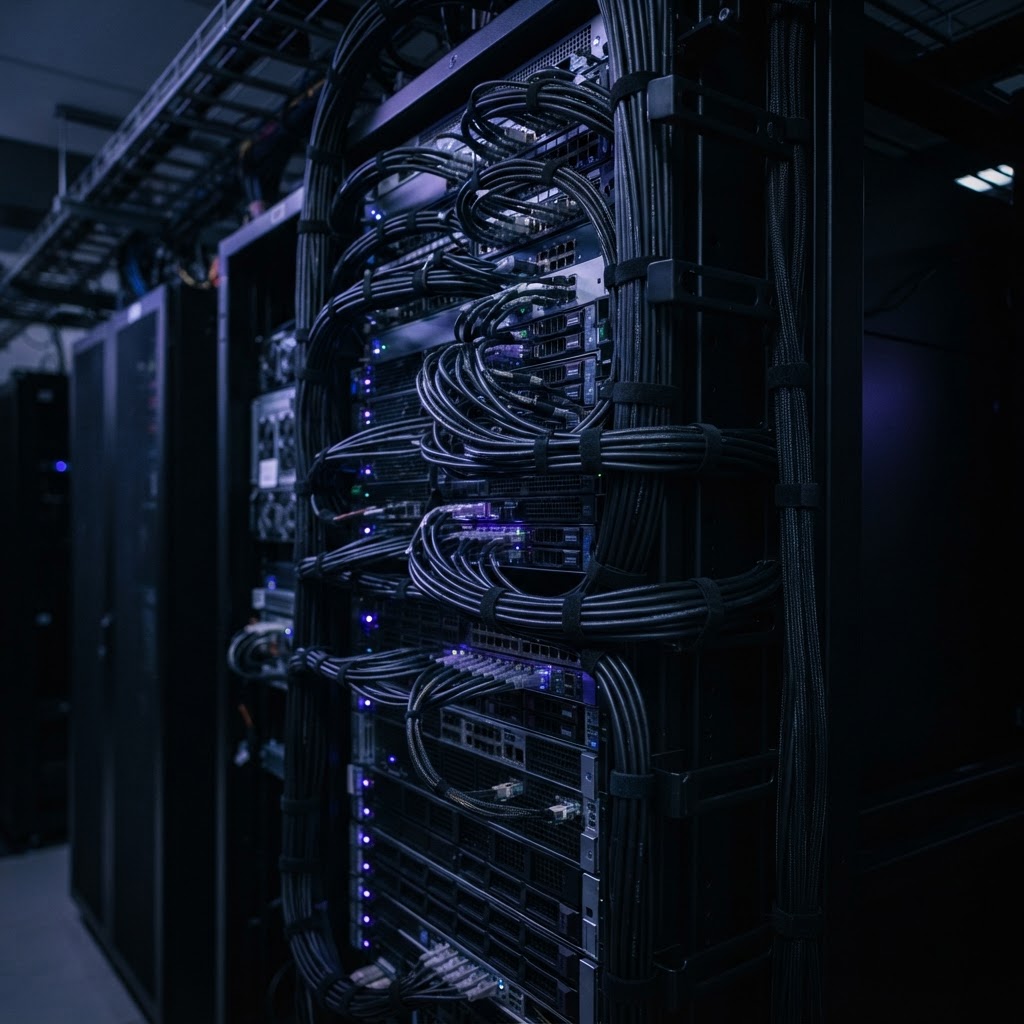 Organized server rack cabling in a dark data center
