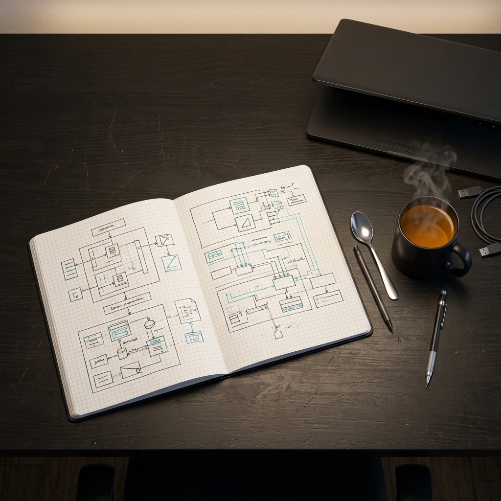 Overhead workspace with AI design patterns and planning