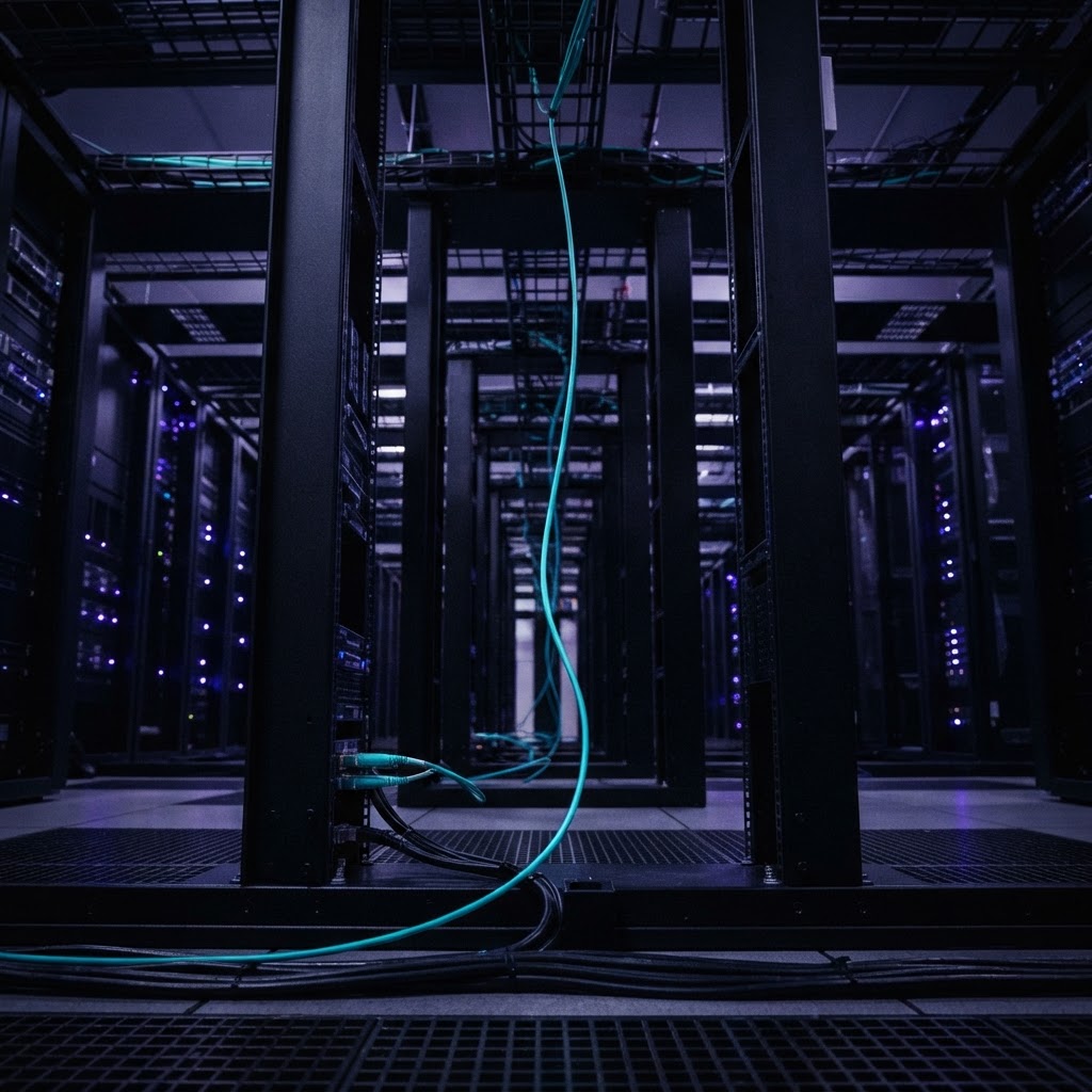 Close up of teal cable connecting dark metal infrastructure