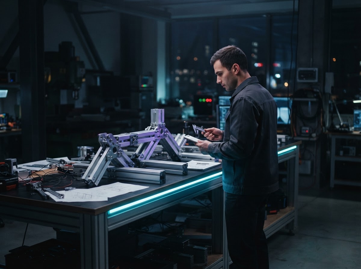 Developer arranging modular metal components on a workbench