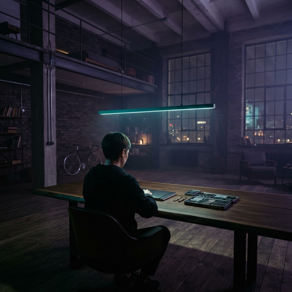 Developer working at a minimalist desk with teal accent lighting
